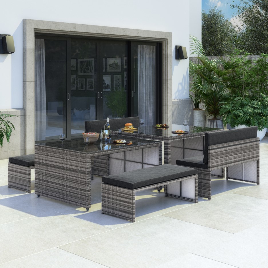 Grey Rattan Extending Dining Table & Bench Set - Seats 8 ...