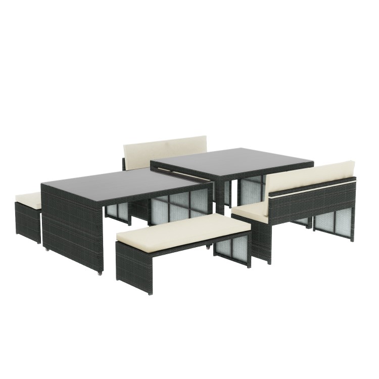 Rattan Extending Dining Table & Bench Set in Brown - Seats 8