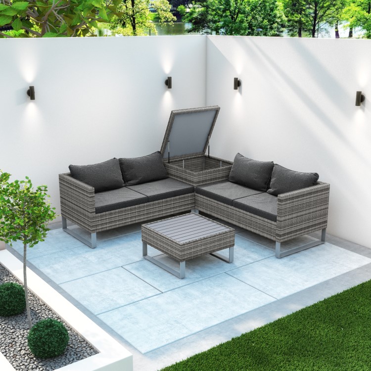 Rattan Corner Sofa Set with Storage Box and Table in Grey