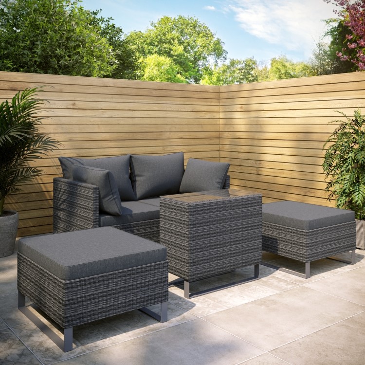 4 Seater Grey Modular Rattan Garden Sun Lounger Set with Table - Como