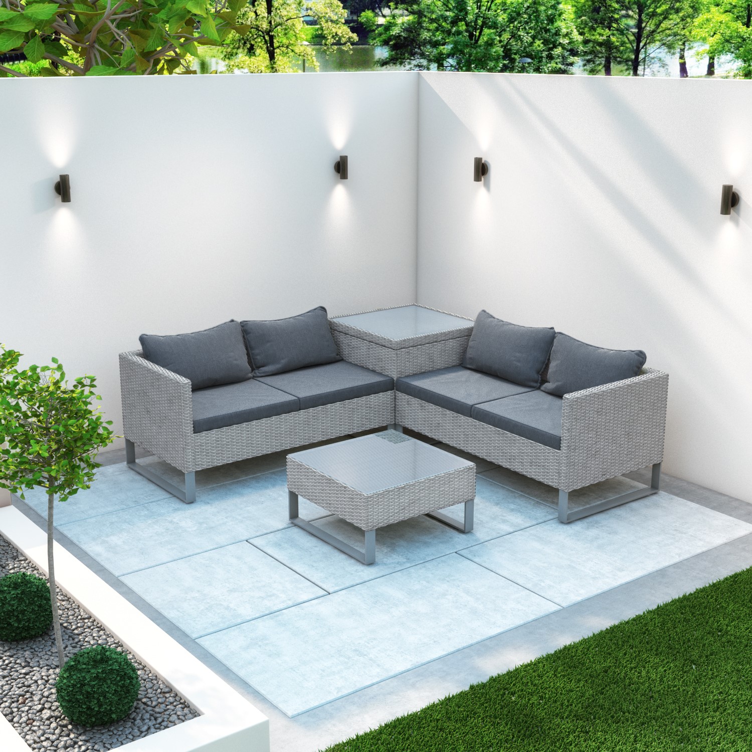 Rattan Corner Sofa Set with Storage Box and Table in Grey BuyItDirect.ie