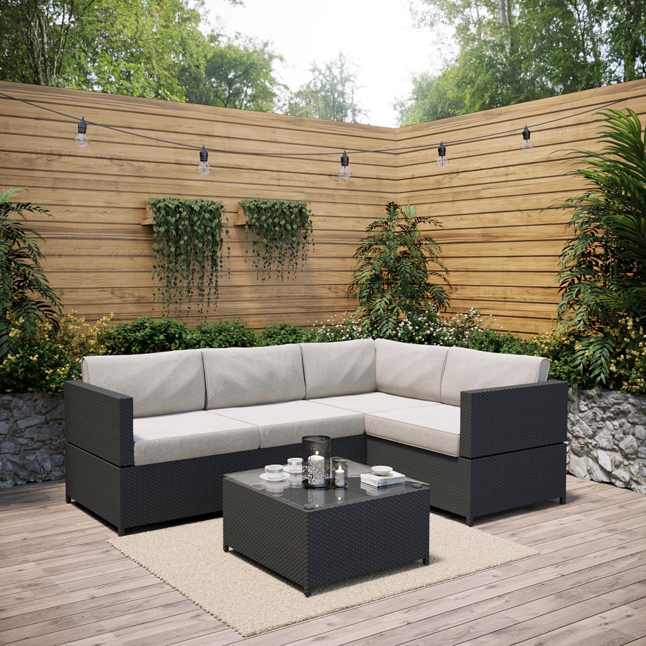 Rattan Corner Sofa and Table Set in Black Garden Furniture