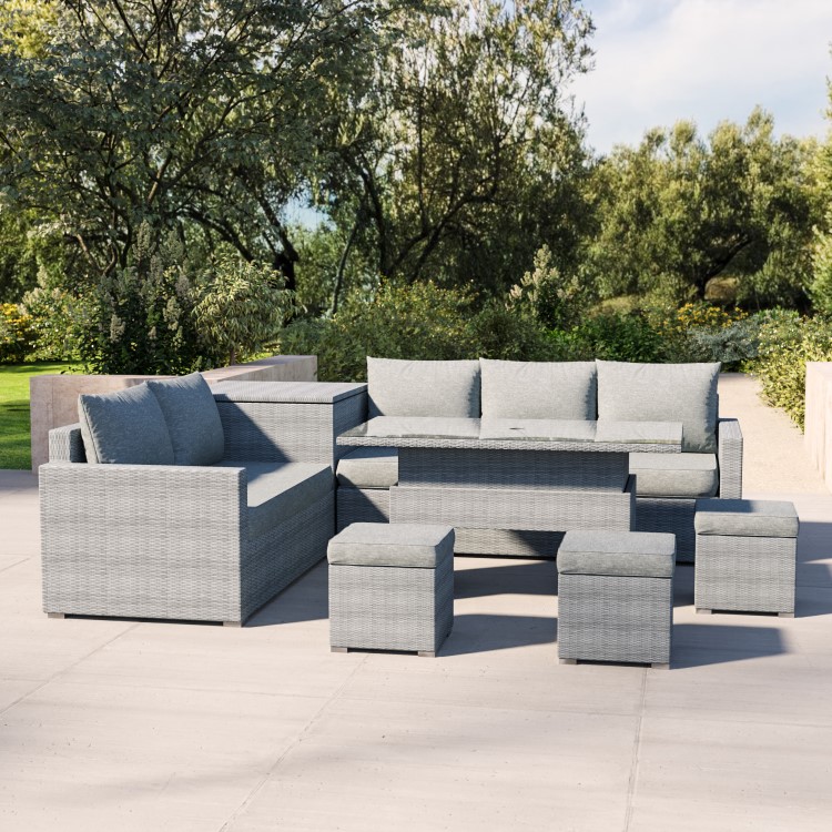 8 Seater Grey Rattan Garden Corner Dining Sofa Set with Height Adjustable Table -  Fortrose