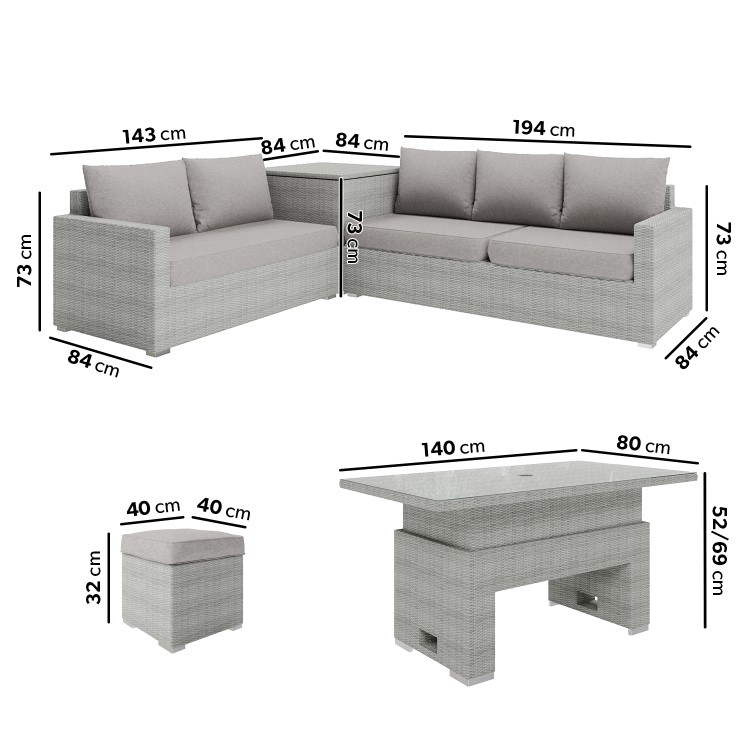 8 Seater Grey Rattan Garden Corner Dining Sofa Set with Height Adjustable Table -  Fortrose