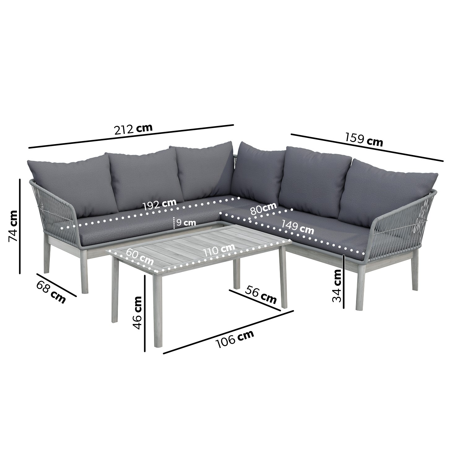 5 Seater Grey Rope Effect Garden Corner Sofa Set with Table Como