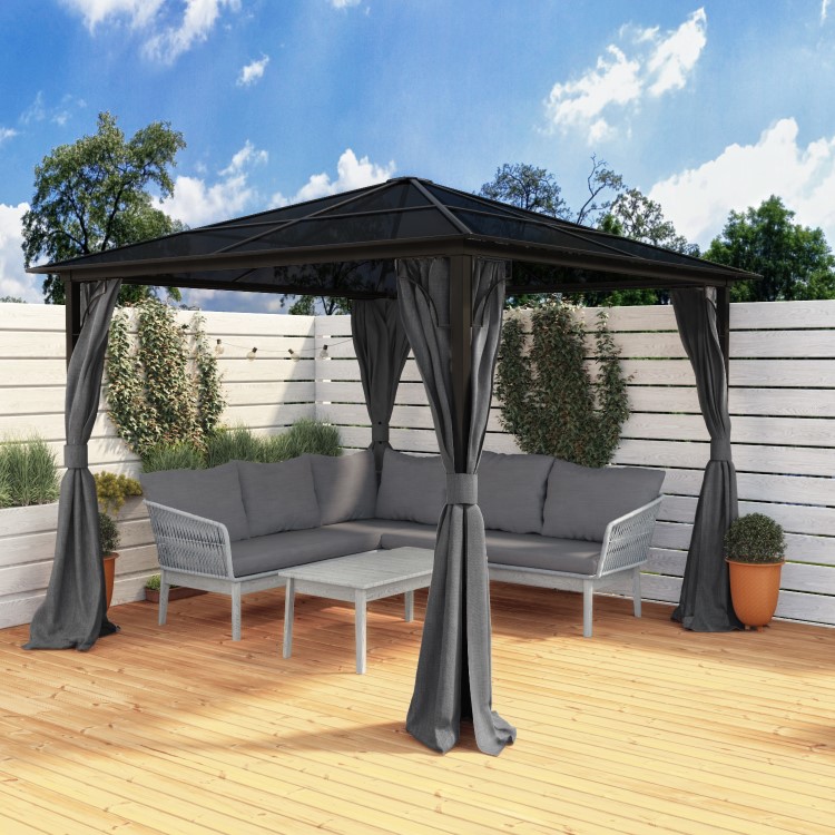 Black Metal Garden Gazebo with Net Curtain - 3 x 3m - Como