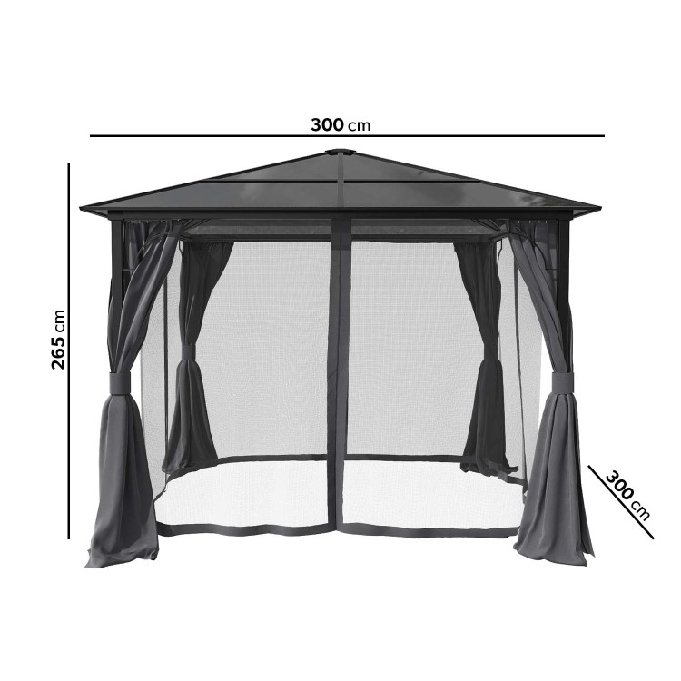 Black Metal Garden Gazebo with Net Curtain - 3 x 3m - Como