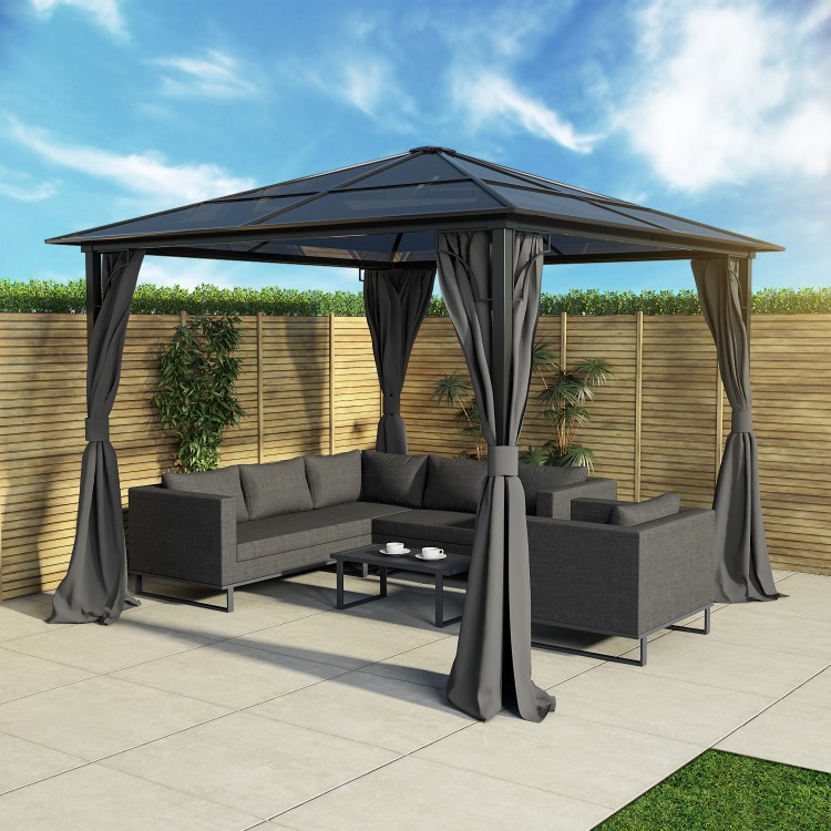 Black Metal Garden Gazebo with Net Curtain - 3 x 3m - Como