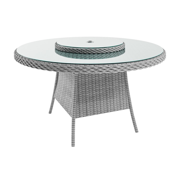 6 Seater Grey Rattan Round Garden Dining Set with Lazy Susan, Built-in Ice Bucket and Matching Parasol