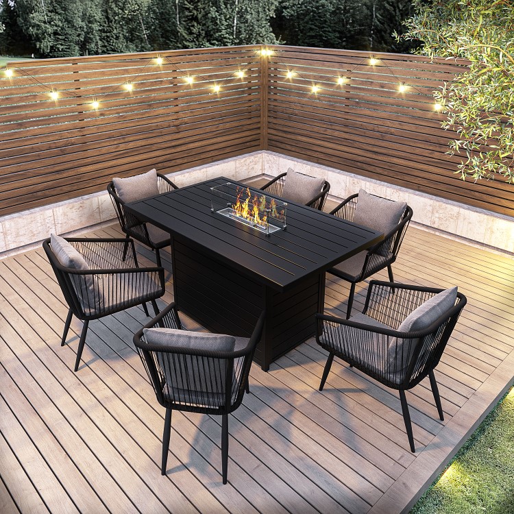 6 Seater Grey Aluminium & Rope Garden Dining Set with Firepit Table