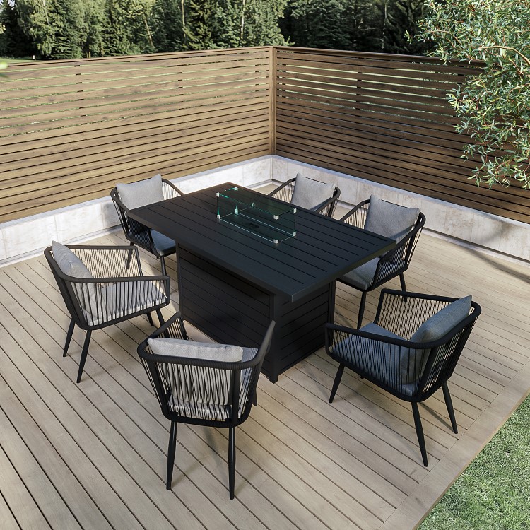 6 Seater Grey Aluminium & Rope Garden Dining Set with Firepit Table