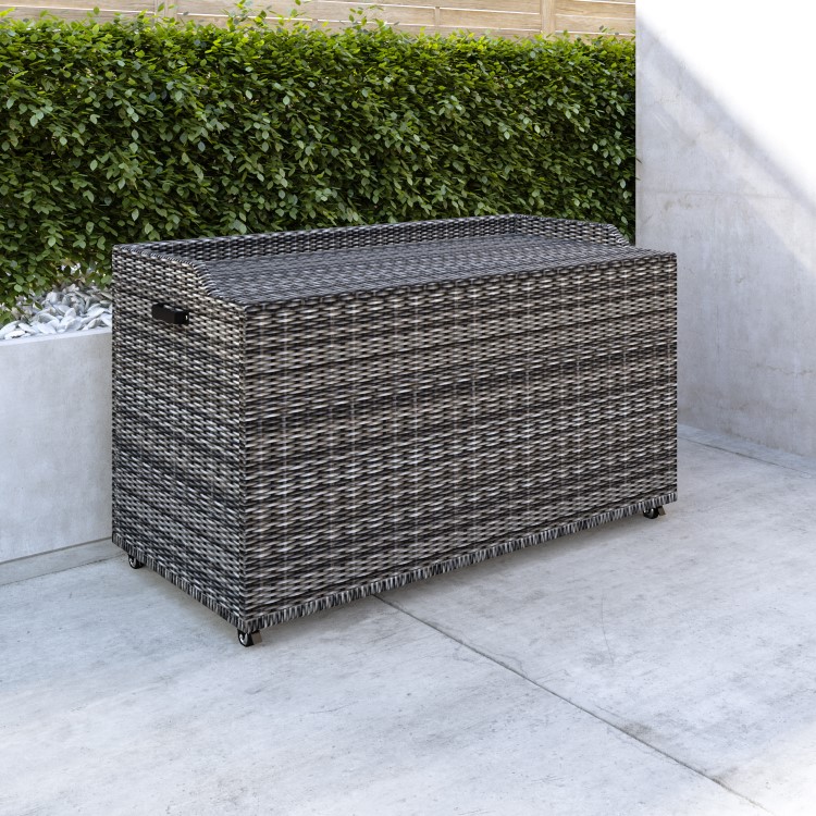 Grey Rattan Water Resistant Garden Storage Box with Serving Ledge & Wheels - 125x60cm