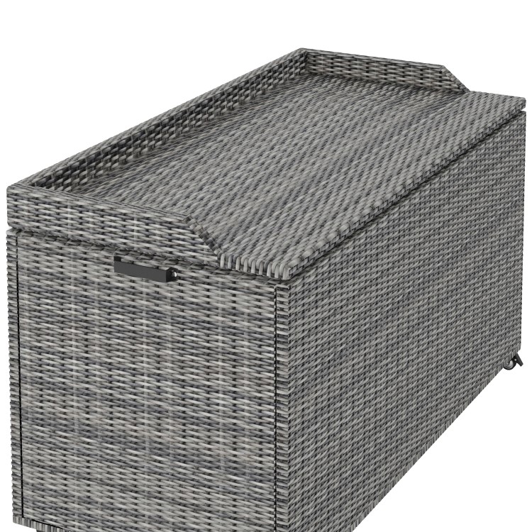 Grey Rattan Water Resistant Garden Storage Box with Serving Ledge & Wheels - 150x90cm - Fortrose