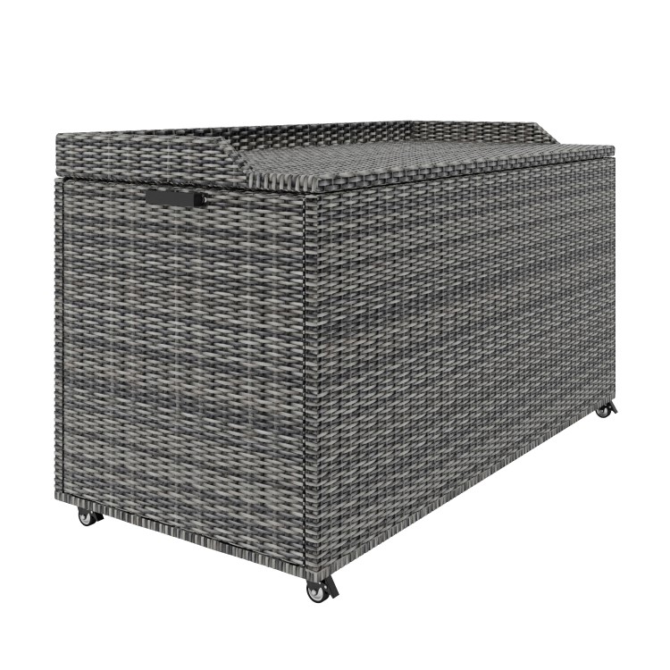Grey Rattan Water Resistant Garden Storage Box with Serving Ledge & Wheels - 125x60cm