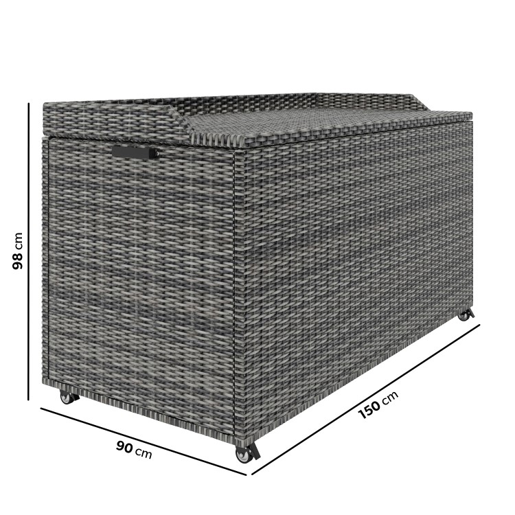 Grey Rattan Water Resistant Garden Storage Box with Serving Ledge & Wheels - 150x90cm - Fortrose