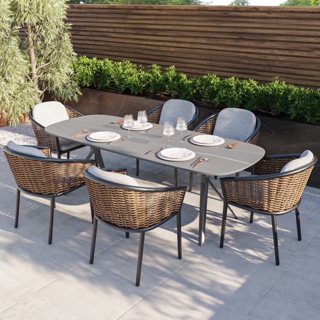 6 Seater Garden Dining Set with Woven Wicker Chairs & Stone Table Top