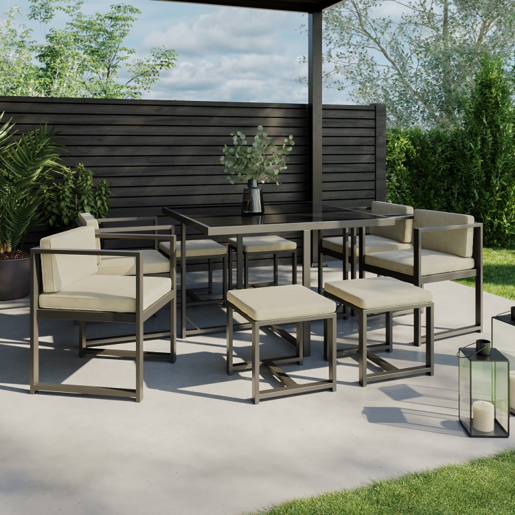 8 Seater Grey Metal Cube Set with Beige Cushions