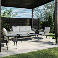 5 Seater Cream Rope and Black Metal Garden Sofa Set with Coffee Tables - Aspen 5 Seater Cream Rope and Black Metal Garden Sofa Set with Coffee Tables - Aspen