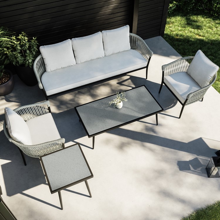 5 Seater Cream Rope and Black Metal Garden Sofa Set with Coffee Tables - Aspen