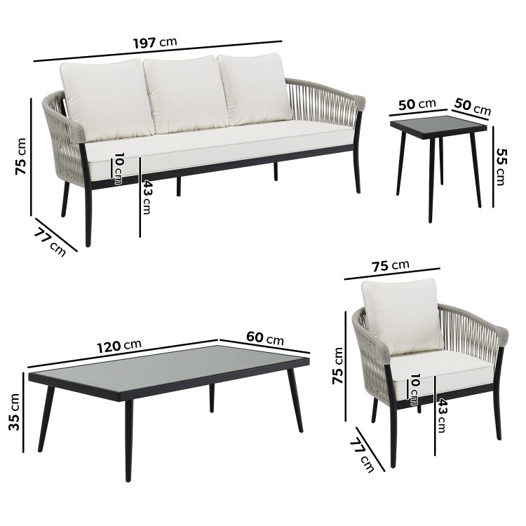 5 Seater Cream Rope and Black Metal Garden Sofa Set with Coffee Tables - Aspen