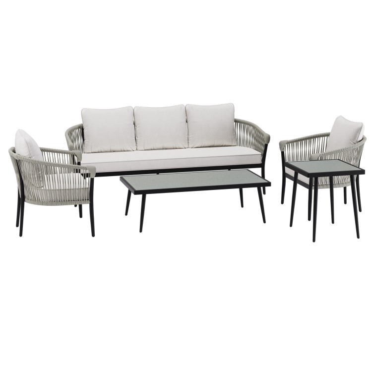 5 Seater Cream Rope and Black Metal Garden Sofa Set with Coffee Tables - Aspen