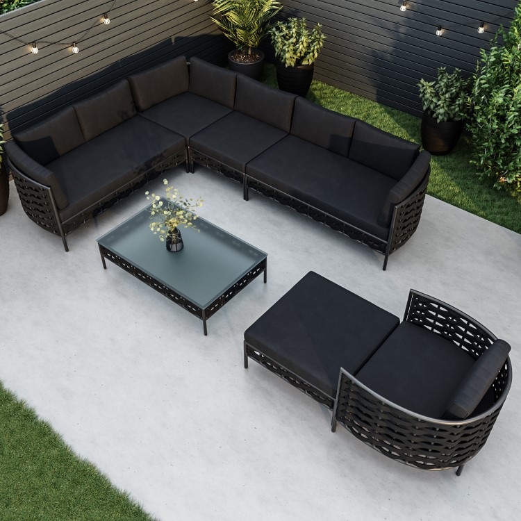 8 Seater Black Rope Garden Corner Sofa Set with Matching Coffee Table