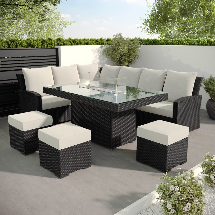 8 Seater Black Rattan Corner Garden Dining Set with Firepit Table