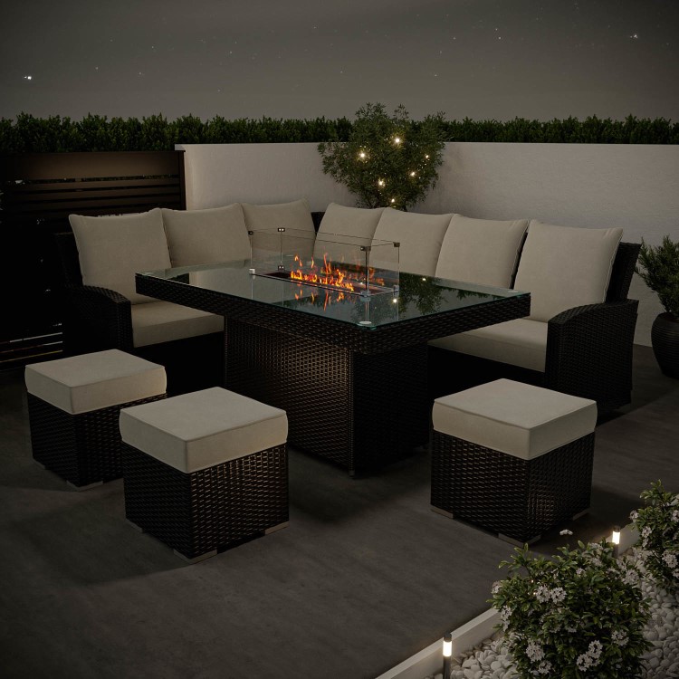 8 Seater Black Rattan Corner Garden Dining Set with Firepit Table