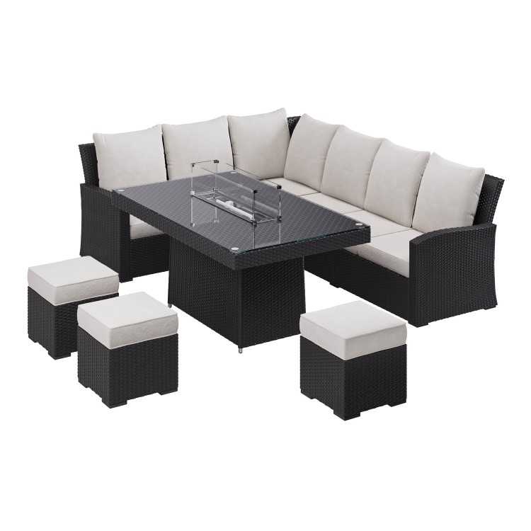 8 Seater Black Rattan Corner Garden Dining Set with Firepit Table