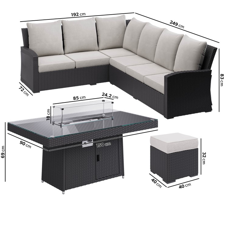 8 Seater Black Rattan Corner Garden Dining Set with Firepit Table