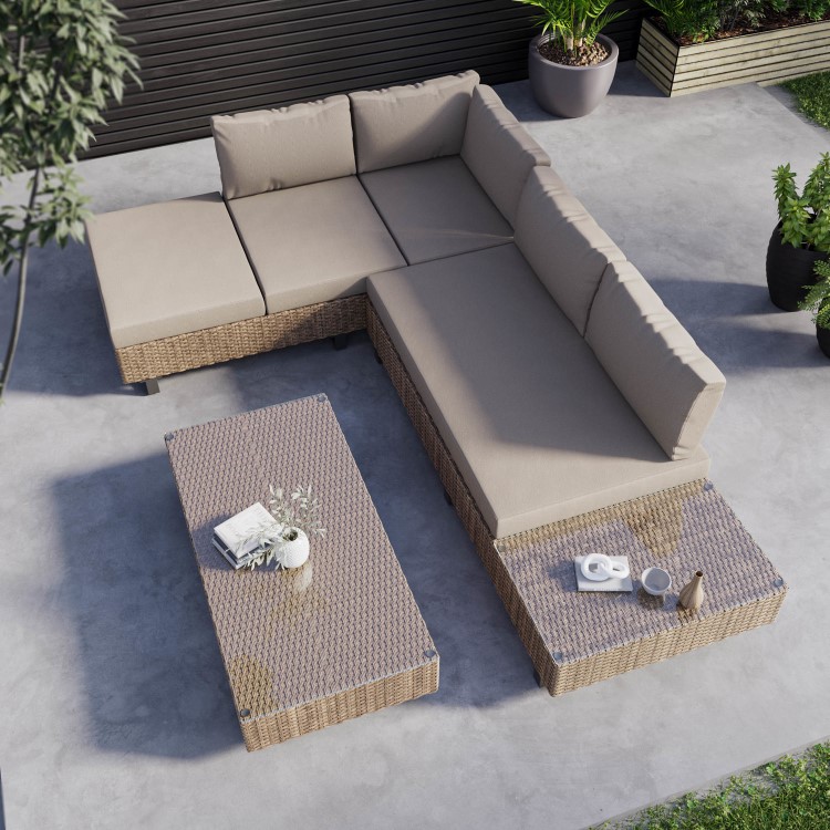 5 Seater Beige Rattan Corner Sofa Set with Reclining Sun Lounger and Coffee Table