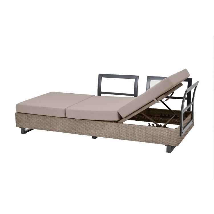 5 Seater Beige Rattan Corner Sofa Set with Reclining Sun Lounger and Coffee Table