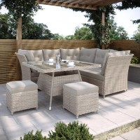 7 Seater Light Rattan Corner Sofa Set with 2 Stools and  Glass Table Top