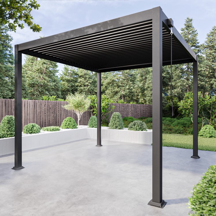 Heavy Duty Charcoal Aluminium Pergola with Louvered Shutter Roof and Textilene Side Panel 3 x 3m - Como