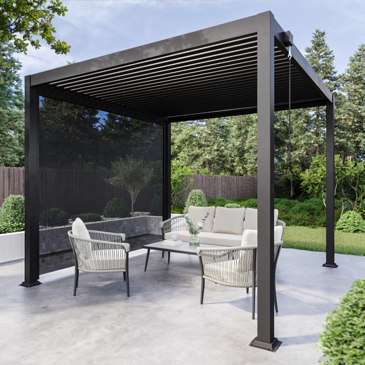 Heavy Duty Charcoal Aluminium Pergola with Louvered Shutter Roof and Textilene Side Panel 3 x 3m - Como