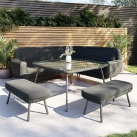 6 Seater Dark Grey Rattan Corner Dining Set with 2 Benches