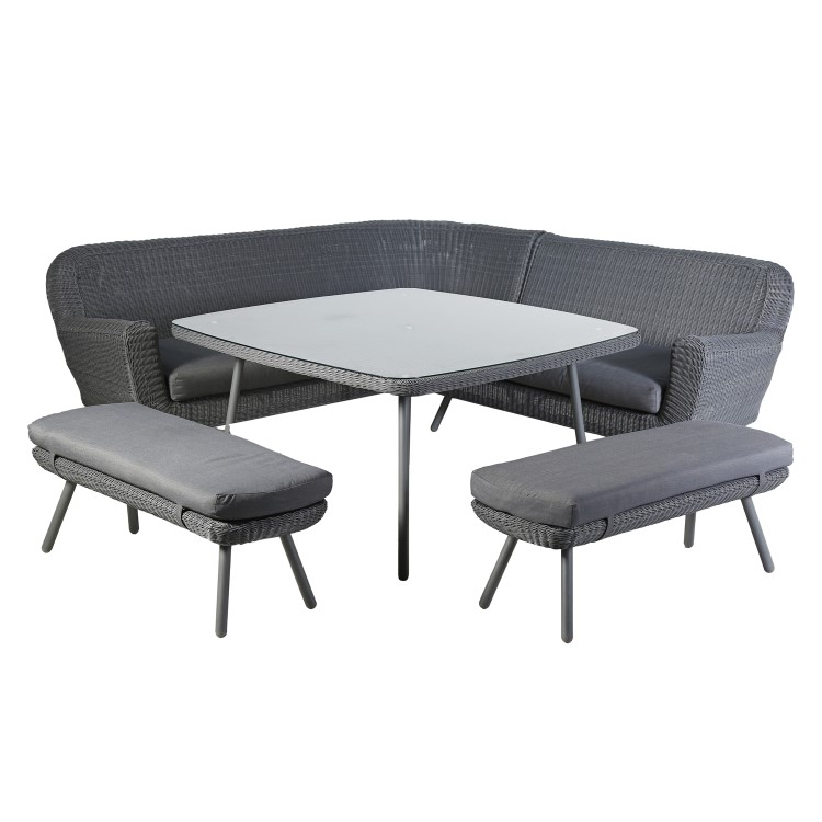 6 Seater Dark Grey Rattan Corner Dining Set with 2 Benches