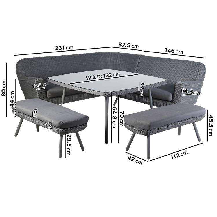 6 Seater Dark Grey Rattan Corner Dining Set with 2 Benches