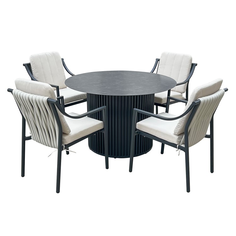 4 Seater Round Aluminium Outdoor Garden Dining Table with Ribbed Base & Beige Rope Chairs