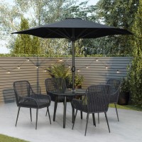 4 Seater Black Rope Wicker Outdoor Dining Set with Parasol