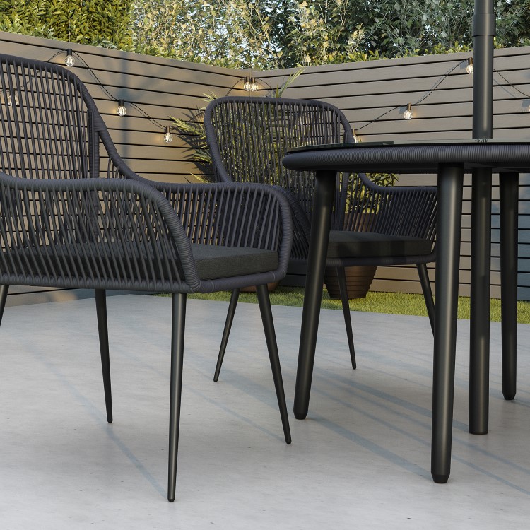 4 Seater Black Rope Wicker Outdoor Dining Set with Parasol