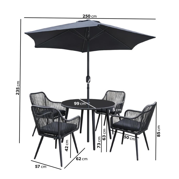 4 Seater Black Rope Wicker Outdoor Dining Set with Parasol