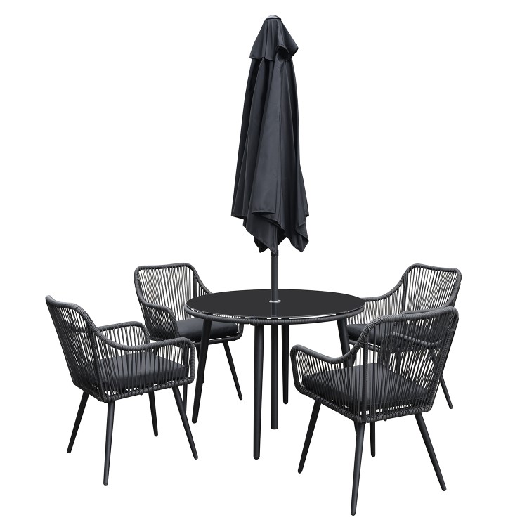 4 Seater Black Rope Wicker Outdoor Dining Set with Parasol