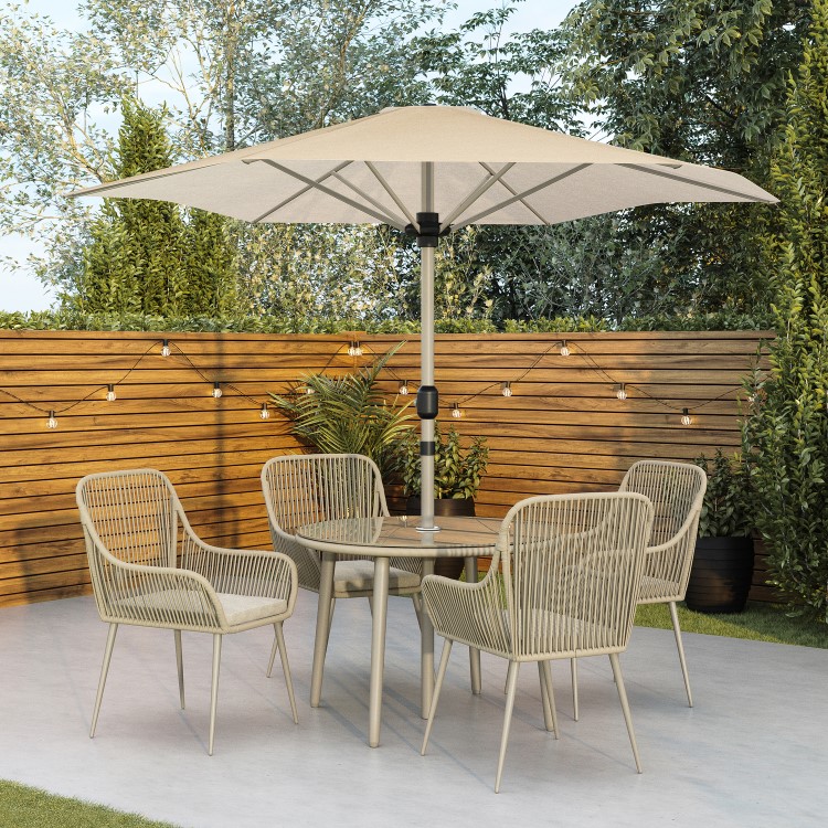 4 Seater Beige Rope Wicker Outdoor Garden Dining Set with Matching Parasol