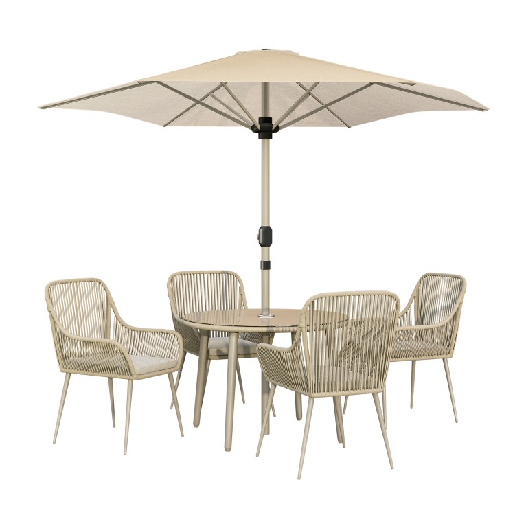 4 Seater Beige Rope Wicker Outdoor Garden Dining Set with Matching Parasol