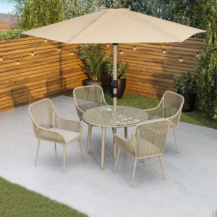 4 Seater Beige Rope Wicker Outdoor Garden Dining Set with Matching Parasol