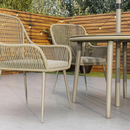 4 Seater Beige Rope Wicker Outdoor Garden Dining Set with Matching Parasol