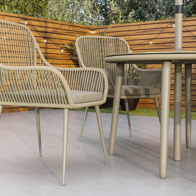 4 Seater Beige Rope Round Garden Dining Set with Matching Parasol