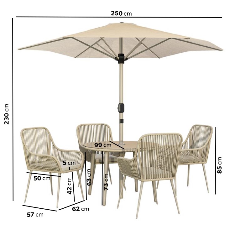 4 Seater Beige Rope Wicker Outdoor Garden Dining Set with Matching Parasol