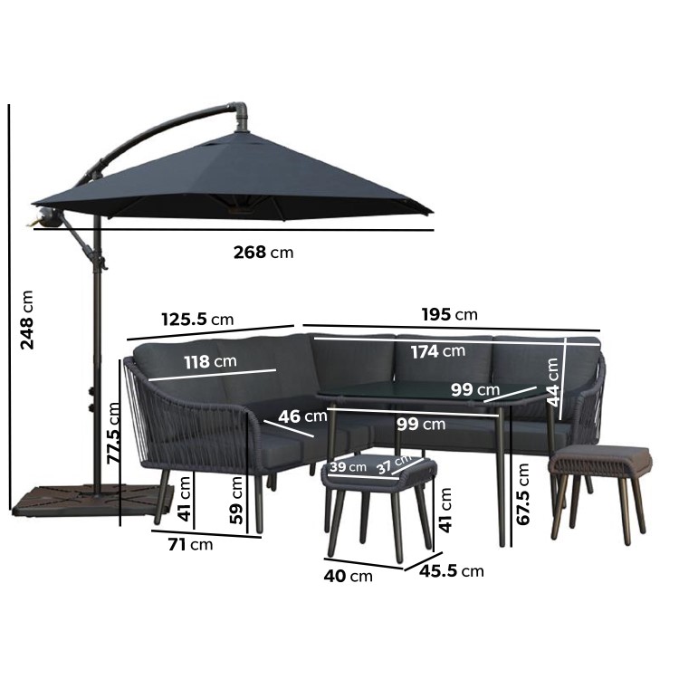 Black Rope Effect Corner Sofa Set with Matching Stools and Parasol